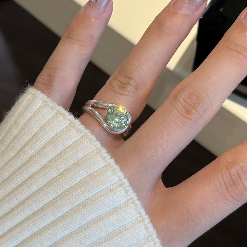 Green Knot Twisted Silver Ring
